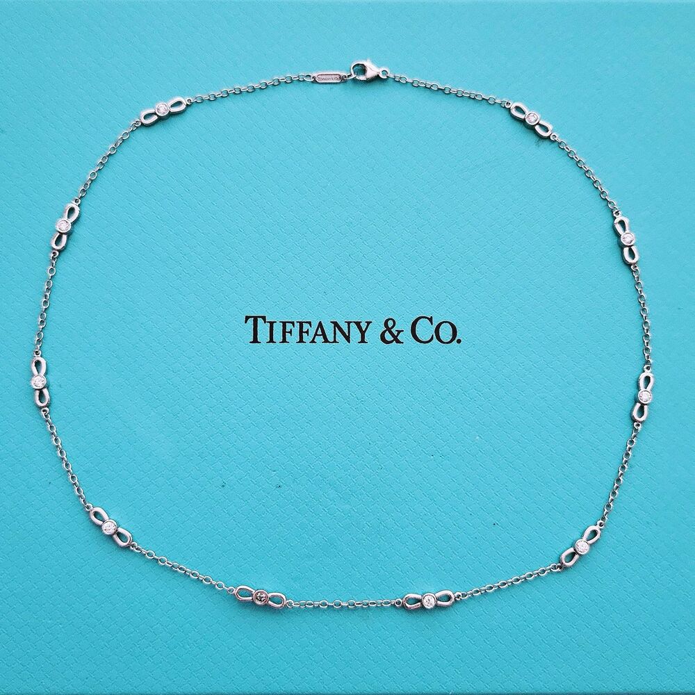 $6000++ Tiffany & Co. Winged Station 0.7 CTW Diamond 18k White Gold Necklace